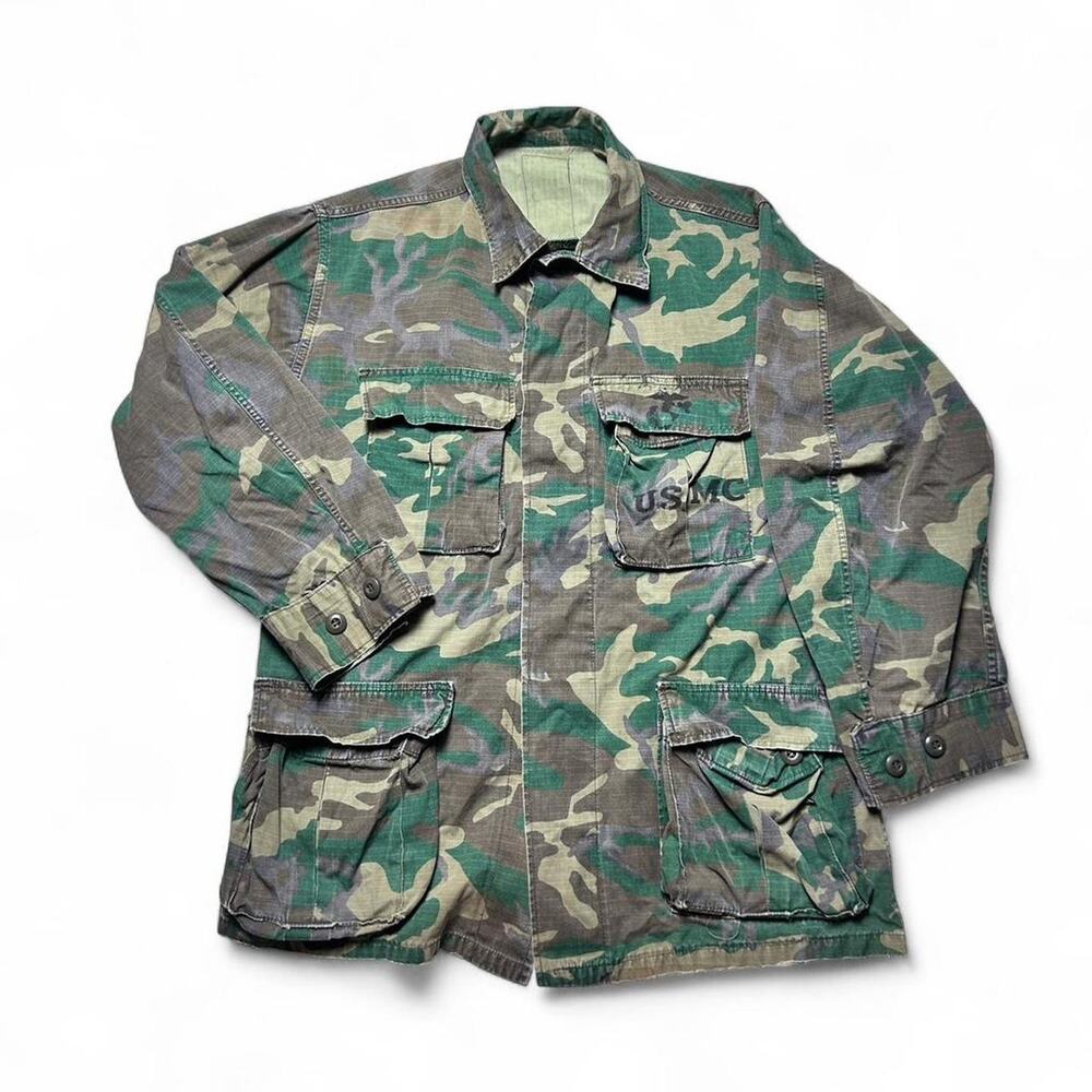 US Marines USMC Stencil Vintage 70s Tropical Combat Coat ERDL Camo Jacket Medium